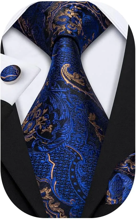 Barry.Wang Paisley Tie Fashion Set Hanky Cufflinks Neckties for Men Woven Silk