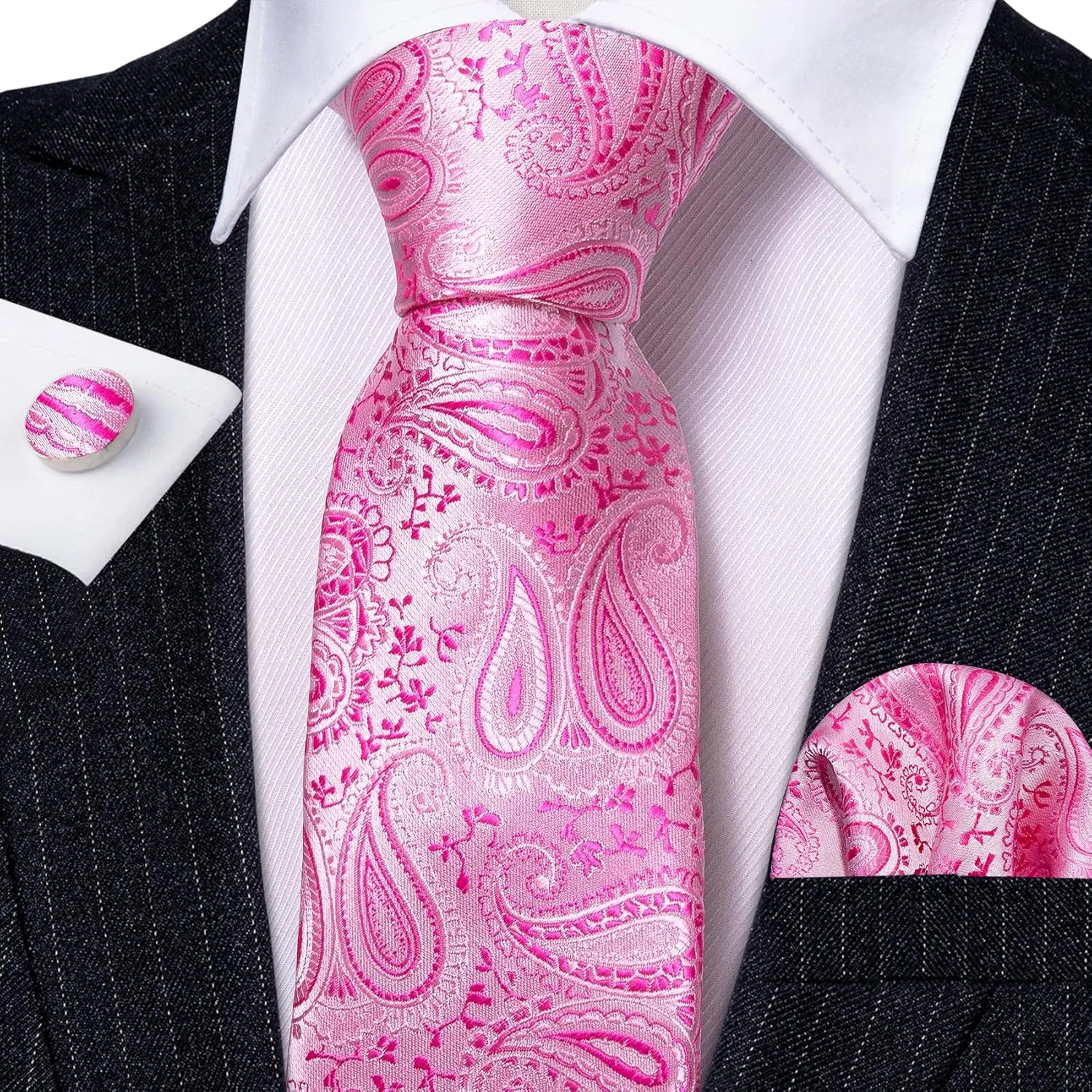 Barry.Wang Paisley Tie Fashion Set Hanky Cufflinks Neckties for Men Woven Silk