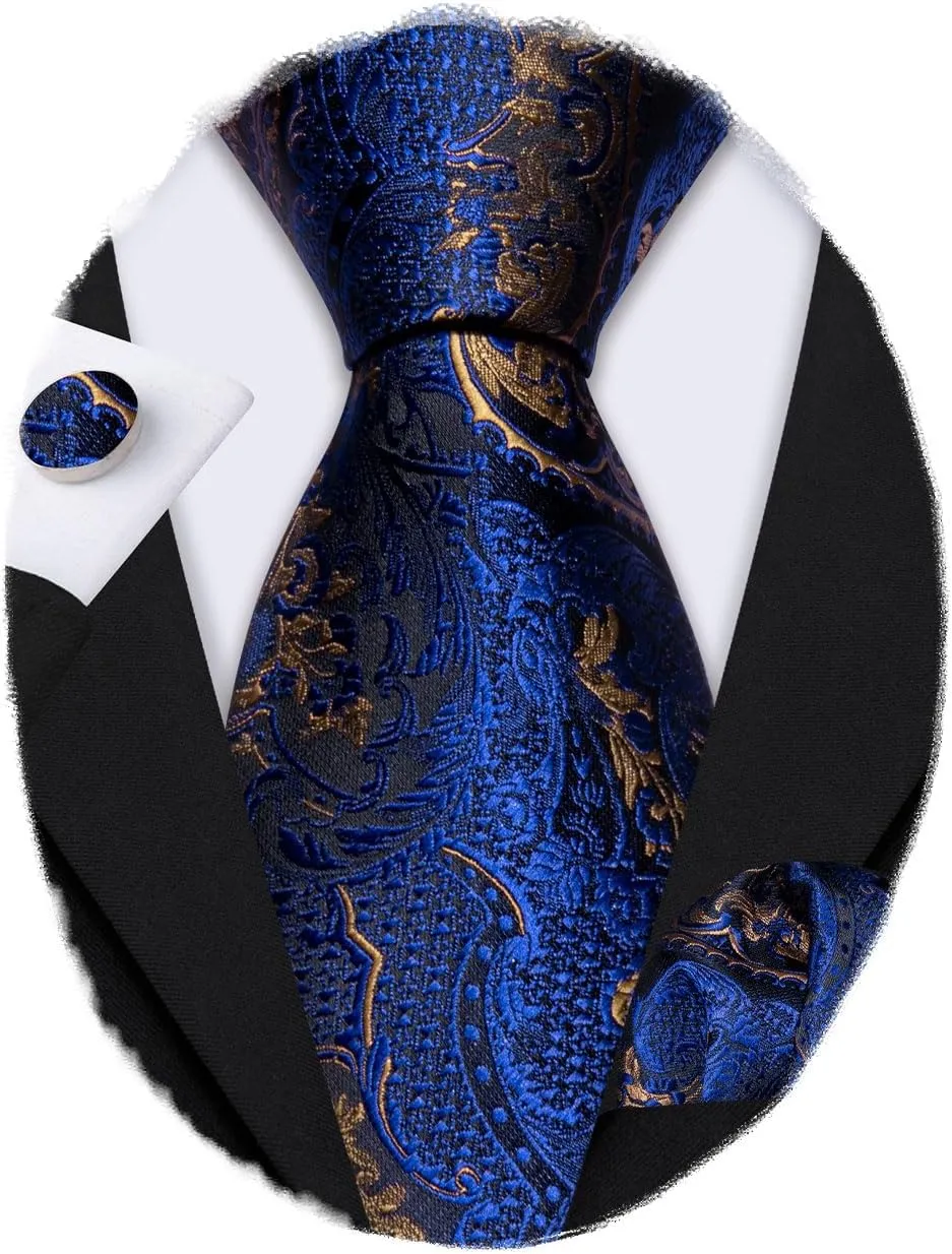 Barry.Wang Paisley Tie Fashion Set Hanky Cufflinks Neckties for Men Woven Silk