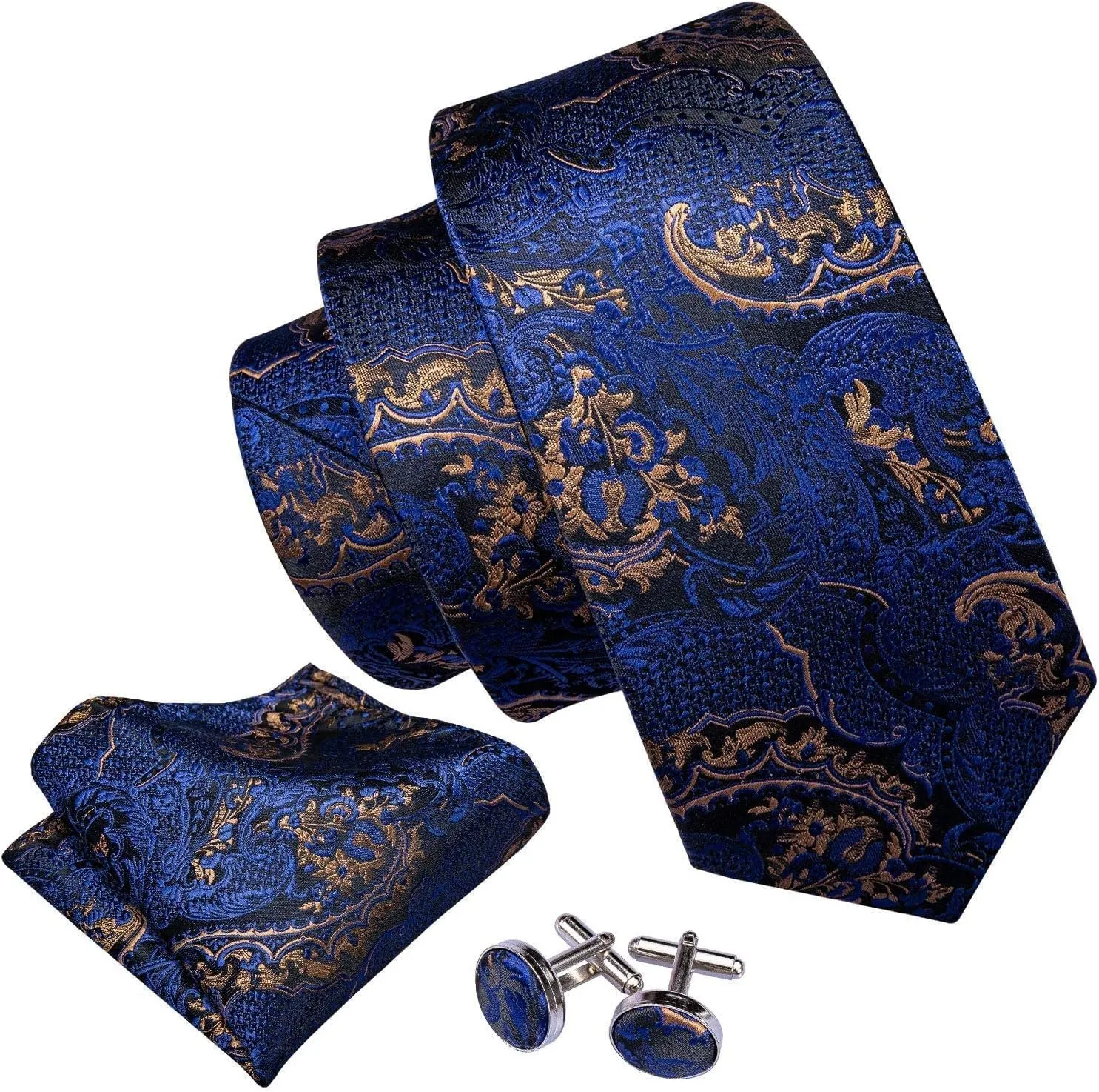 Barry.Wang Paisley Tie Fashion Set Hanky Cufflinks Neckties for Men Woven Silk