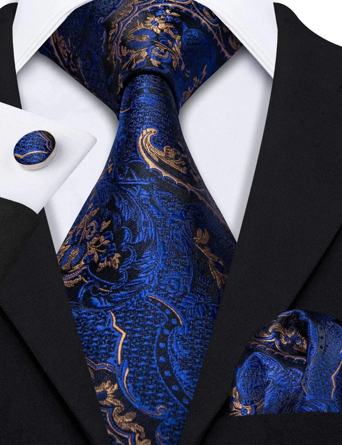 Barry.Wang Paisley Tie Fashion Set Hanky Cufflinks Neckties for Men Woven Silk