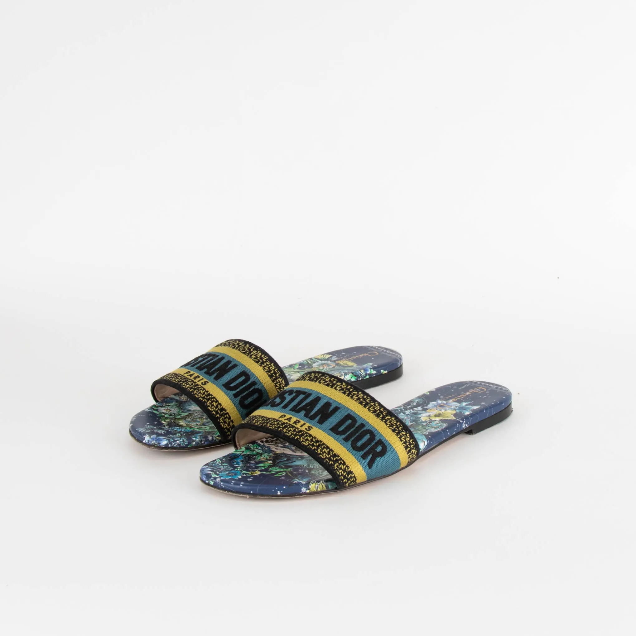 Christian Dior Navy Yellow Dway Cotton Flat Slide Shoes