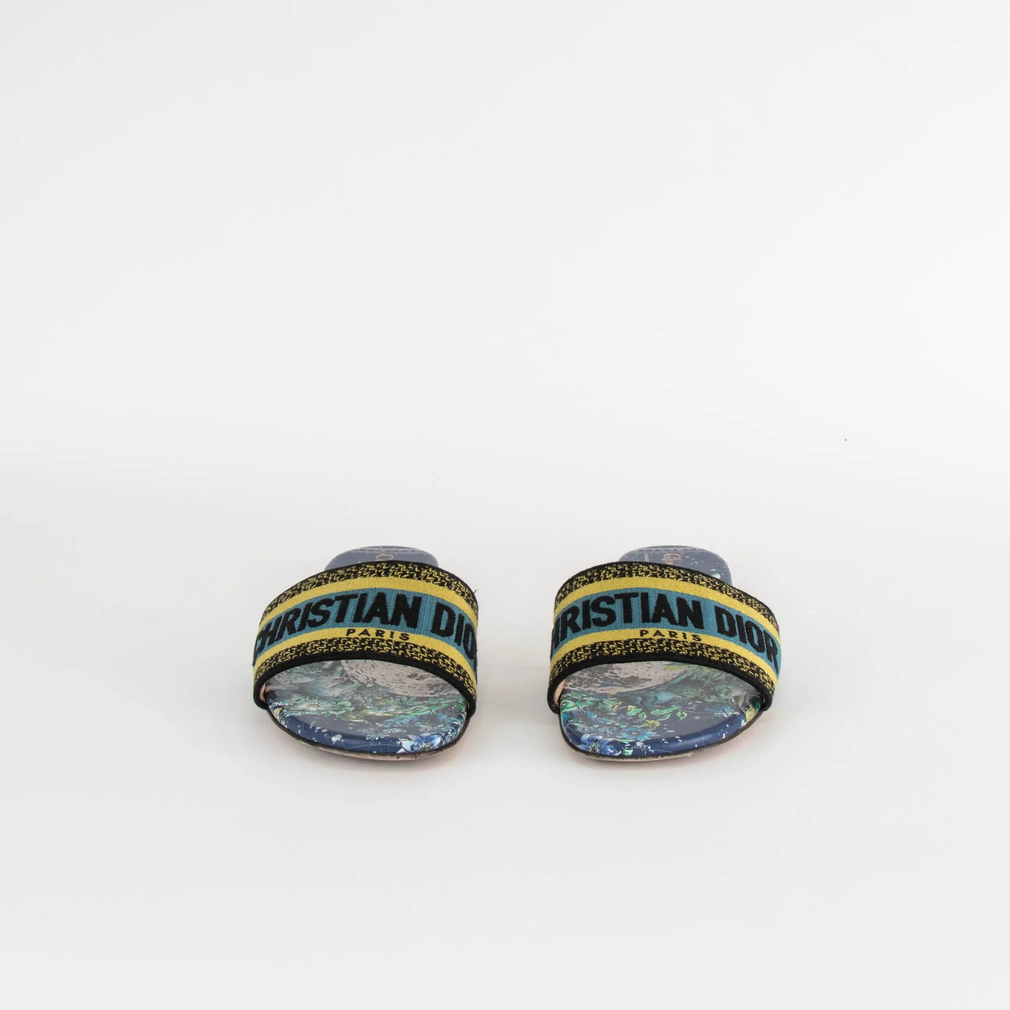 Christian Dior Navy Yellow Dway Cotton Flat Slide Shoes