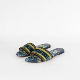 Christian Dior Navy Yellow Dway Cotton Flat Slide Shoes