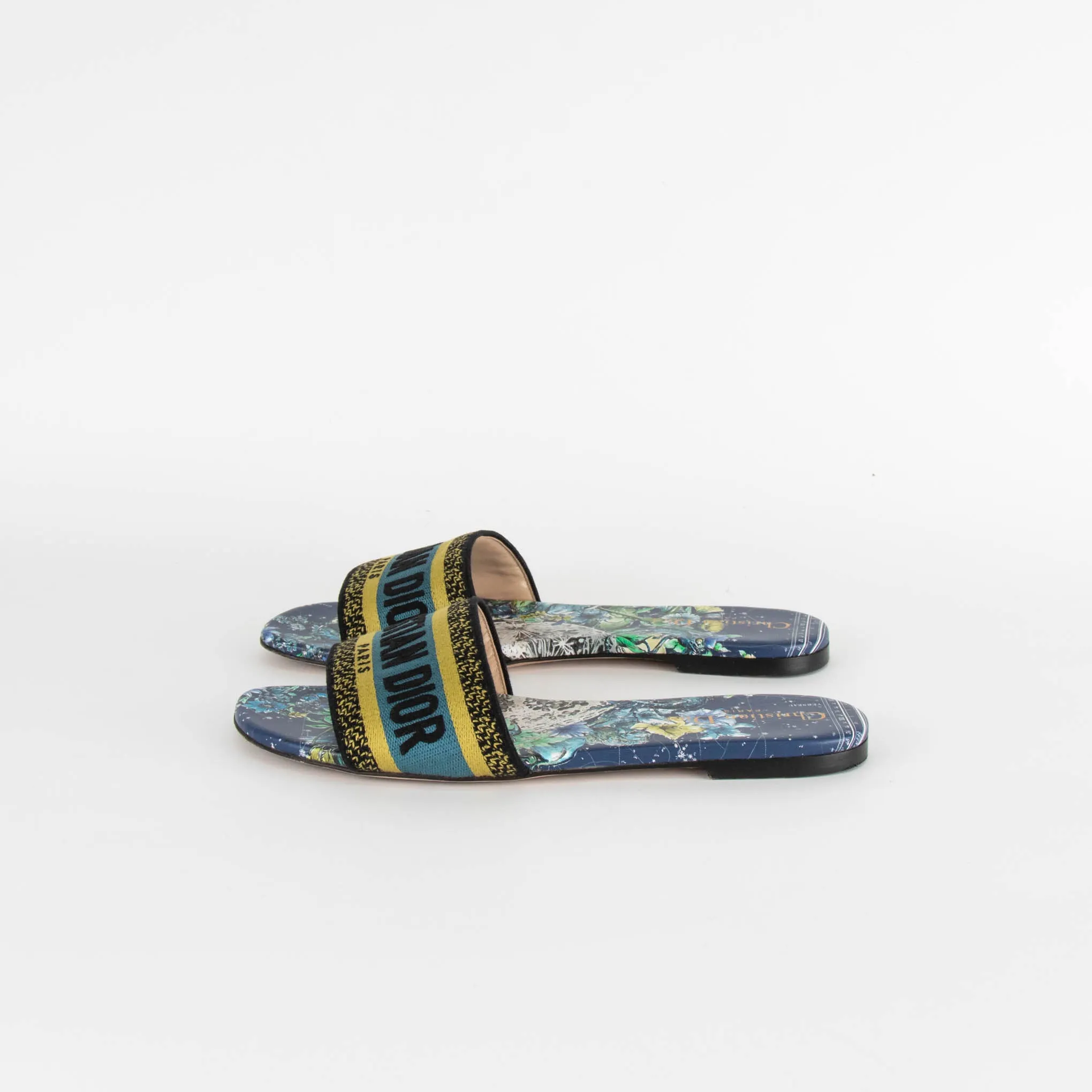 Christian Dior Navy Yellow Dway Cotton Flat Slide Shoes