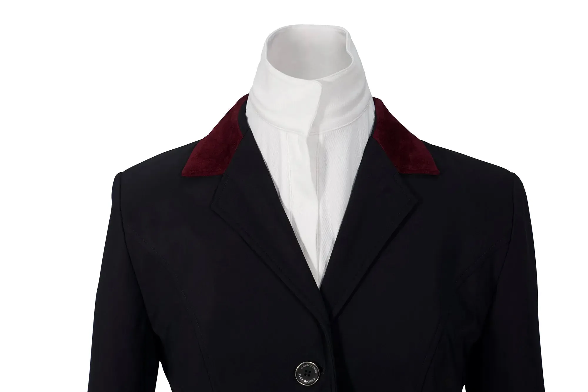 Grand Prix Saltare Premio 4 Button Riding Show Coat, Black with Burgundy Suede