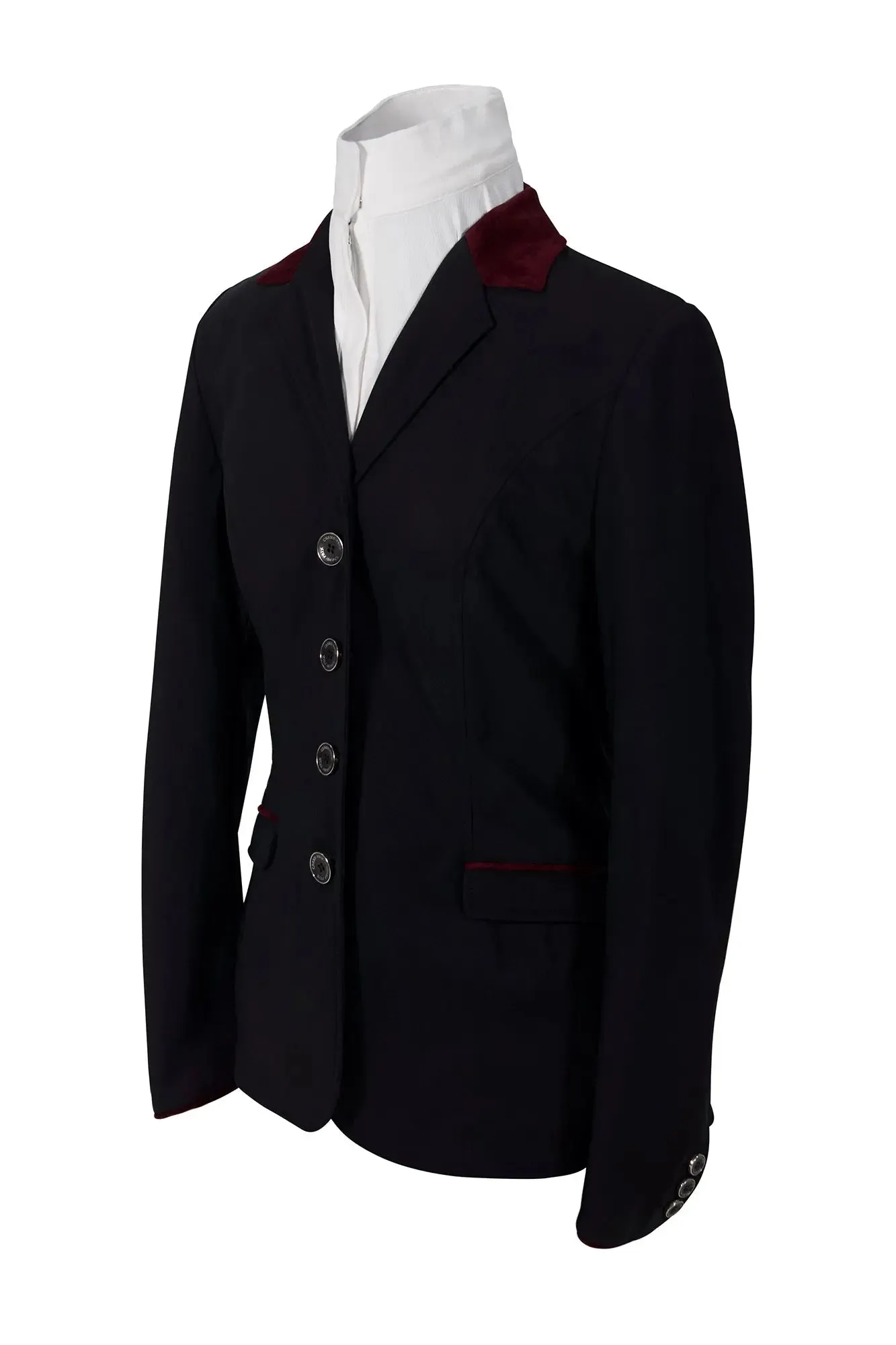 Grand Prix Saltare Premio 4 Button Riding Show Coat, Black with Burgundy Suede