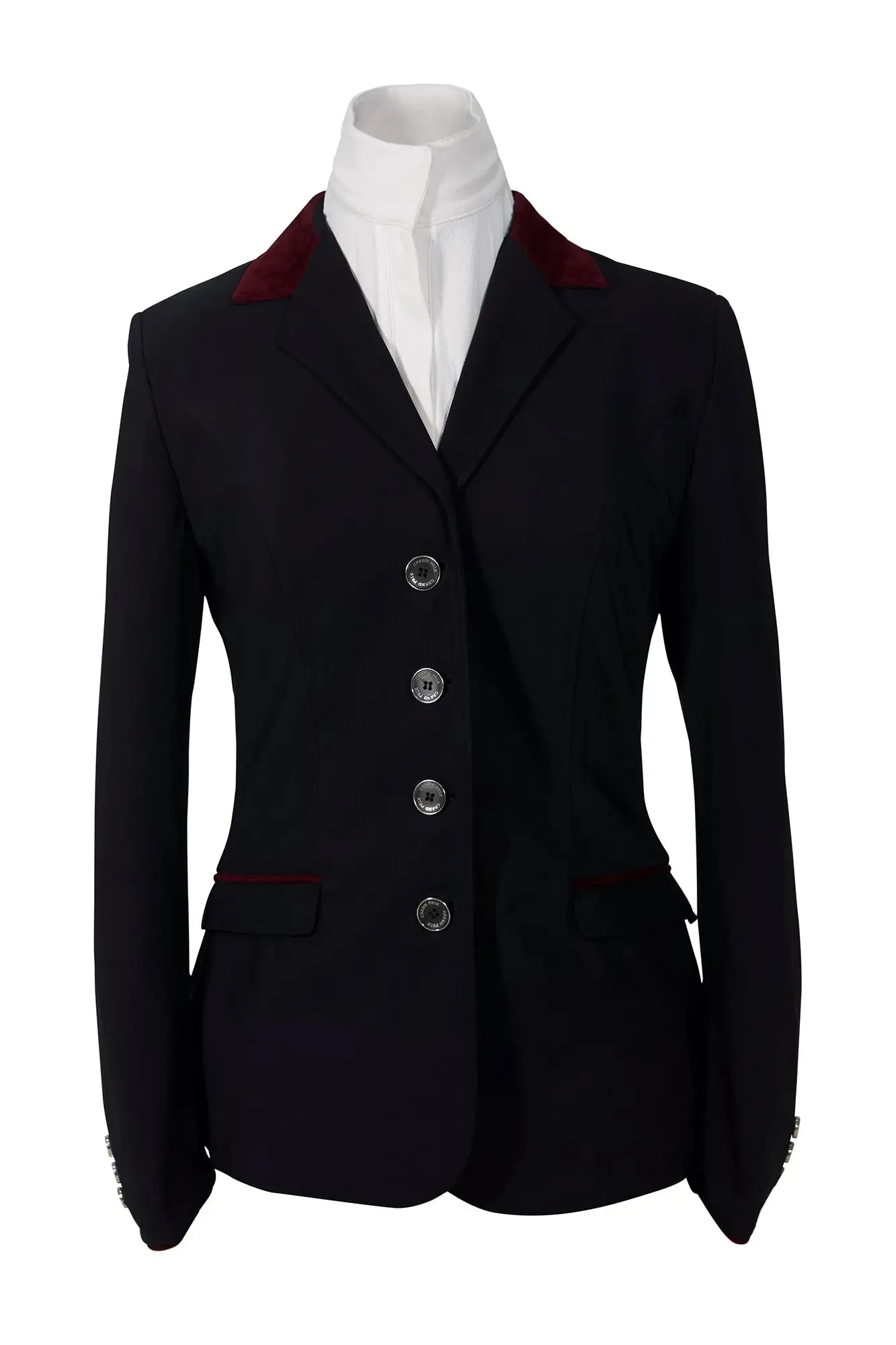 Grand Prix Saltare Premio 4 Button Riding Show Coat, Black with Burgundy Suede