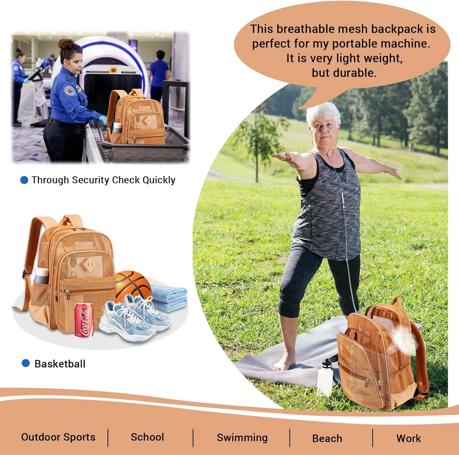 MOONBABY Mesh Backpack Heavy Duty, See Through School Backpack Transparent Bookbag for Swimming, Beach, Sports, Work, Travel