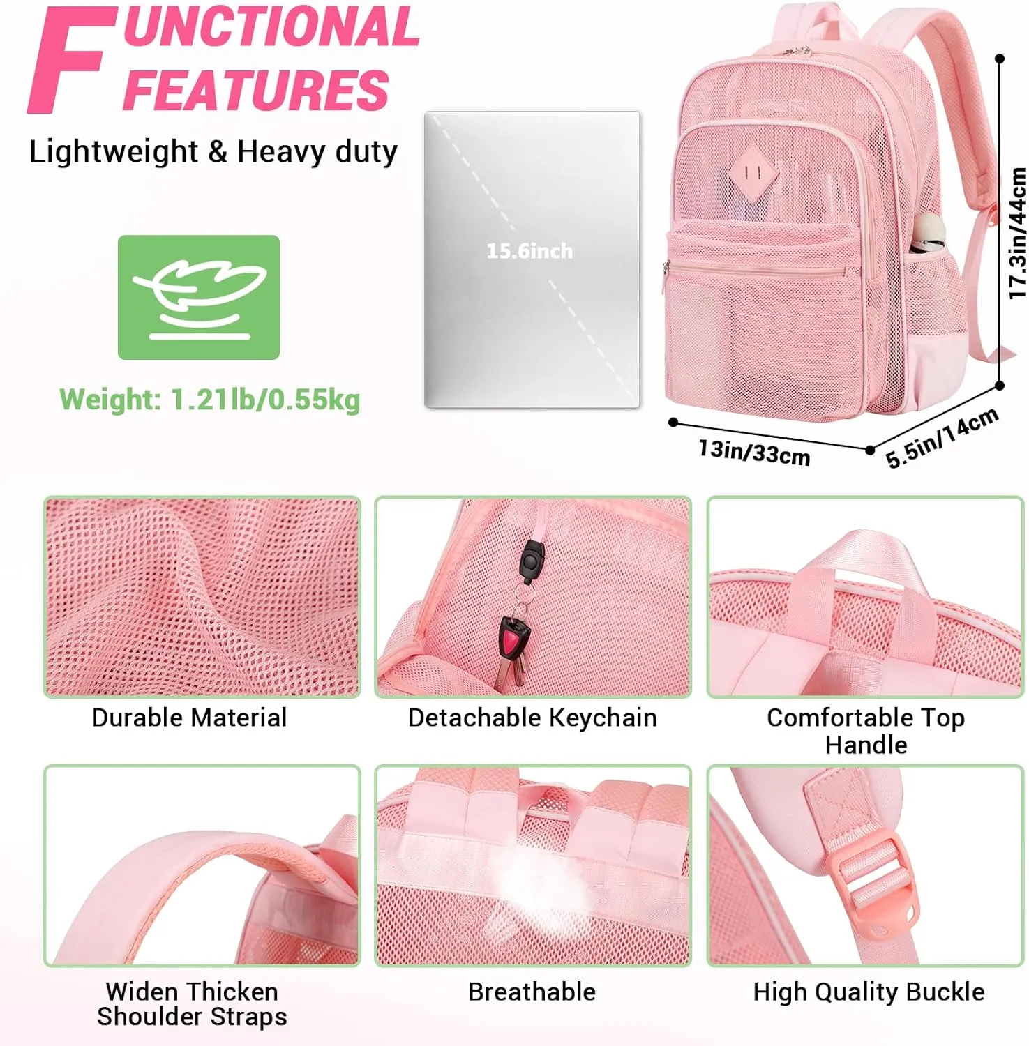 MOONBABY Mesh Backpack Heavy Duty, See Through School Backpack Transparent Bookbag for Swimming, Beach, Sports, Work, Travel
