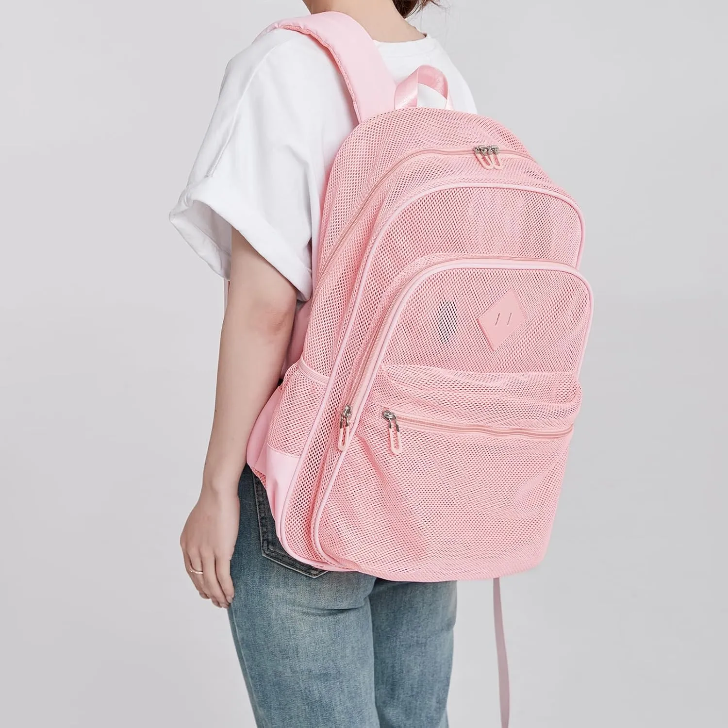 MOONBABY Mesh Backpack Heavy Duty, See Through School Backpack Transparent Bookbag for Swimming, Beach, Sports, Work, Travel