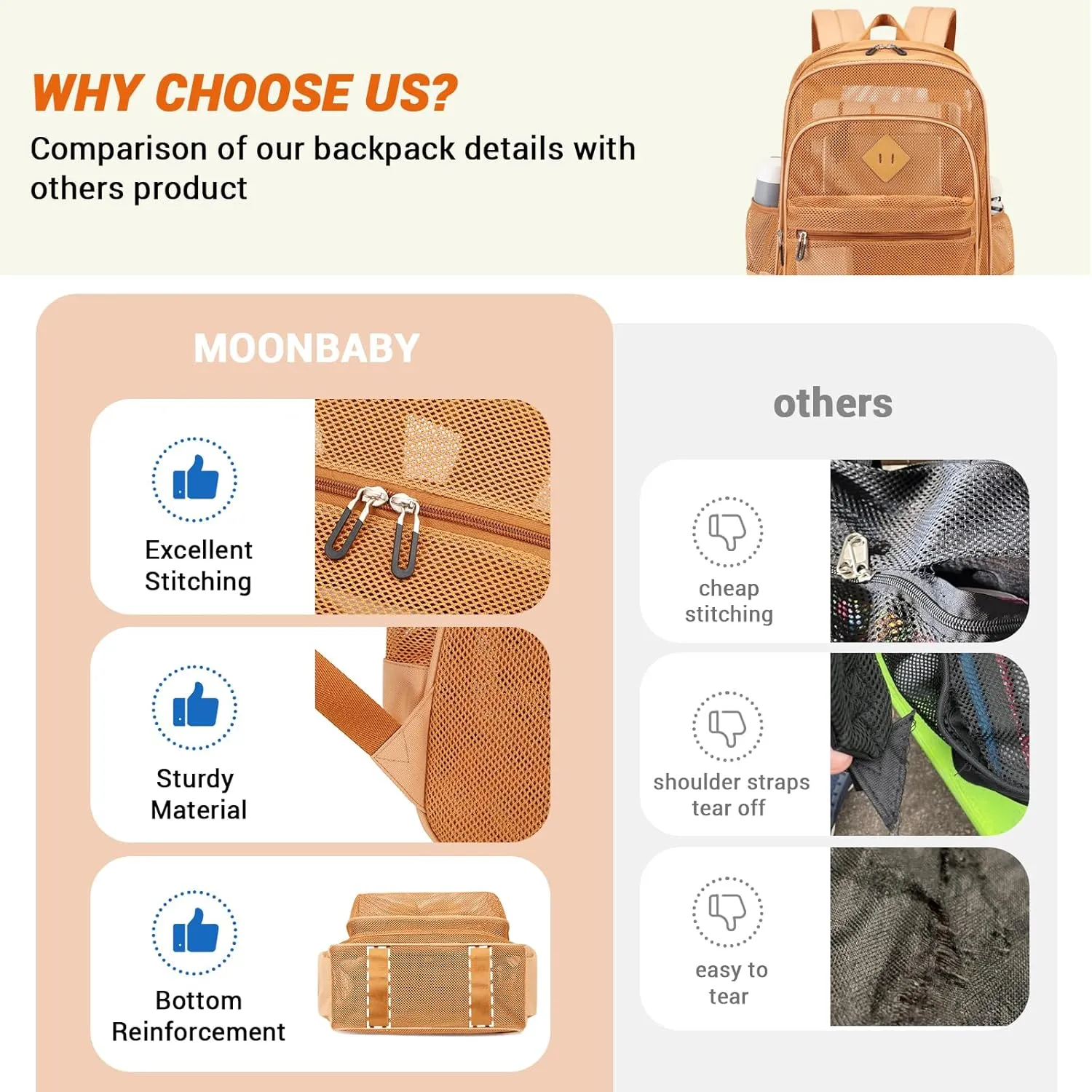 MOONBABY Mesh Backpack Heavy Duty, See Through School Backpack Transparent Bookbag for Swimming, Beach, Sports, Work, Travel
