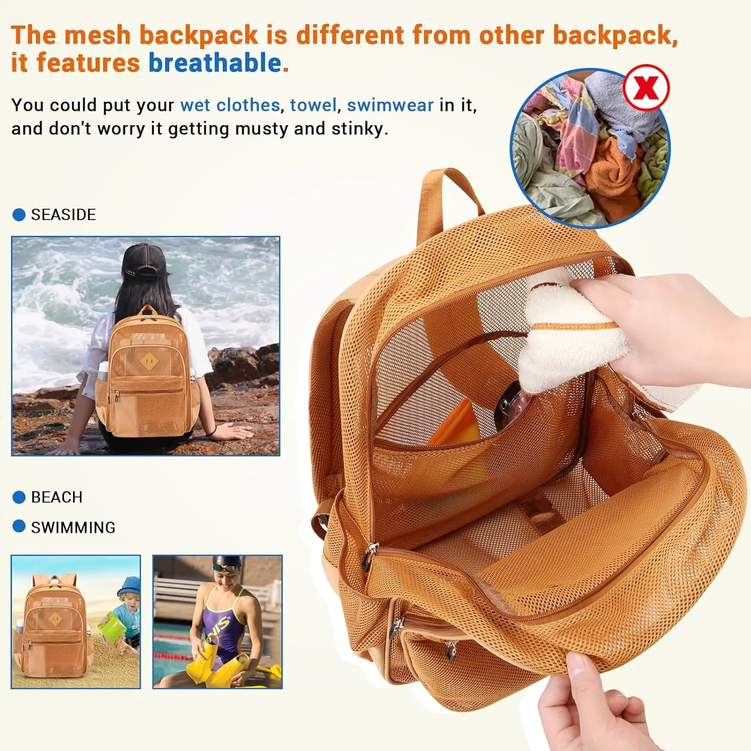 MOONBABY Mesh Backpack Heavy Duty, See Through School Backpack Transparent Bookbag for Swimming, Beach, Sports, Work, Travel