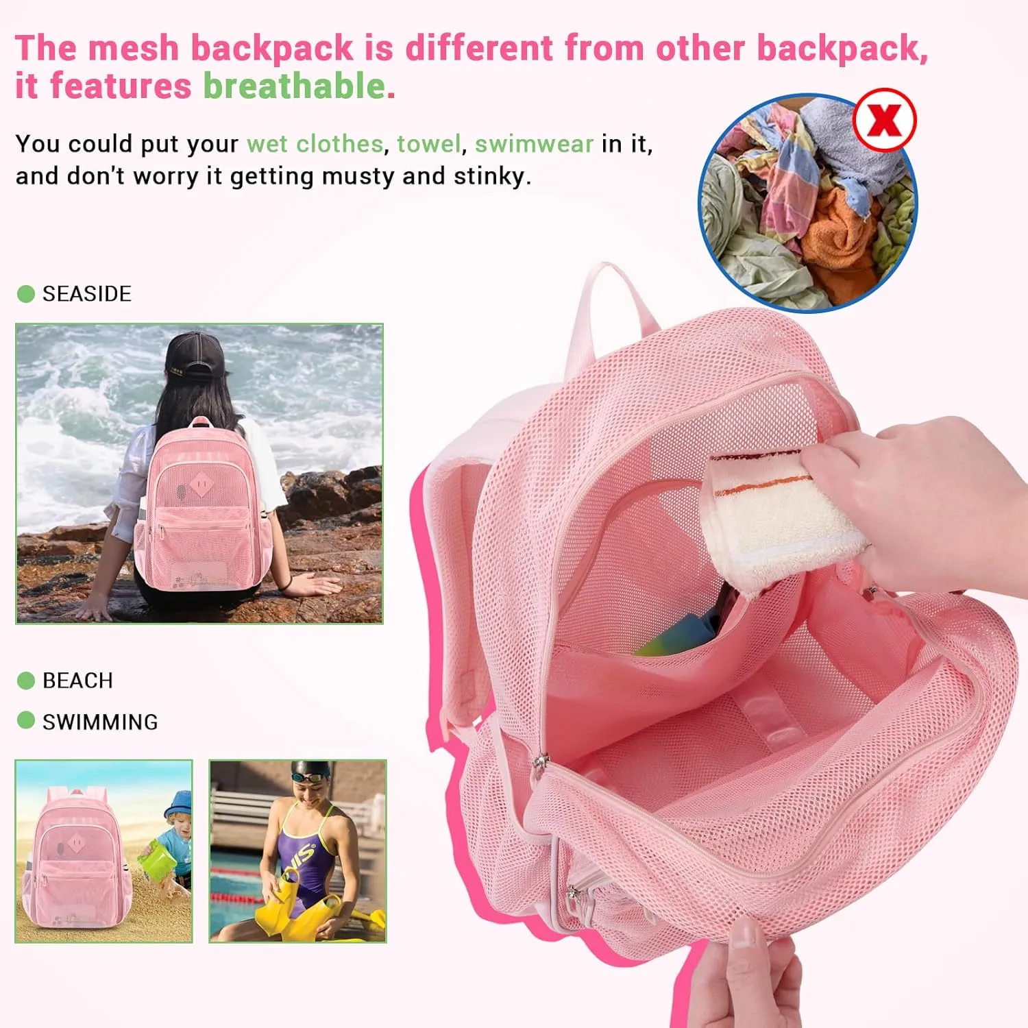 MOONBABY Mesh Backpack Heavy Duty, See Through School Backpack Transparent Bookbag for Swimming, Beach, Sports, Work, Travel