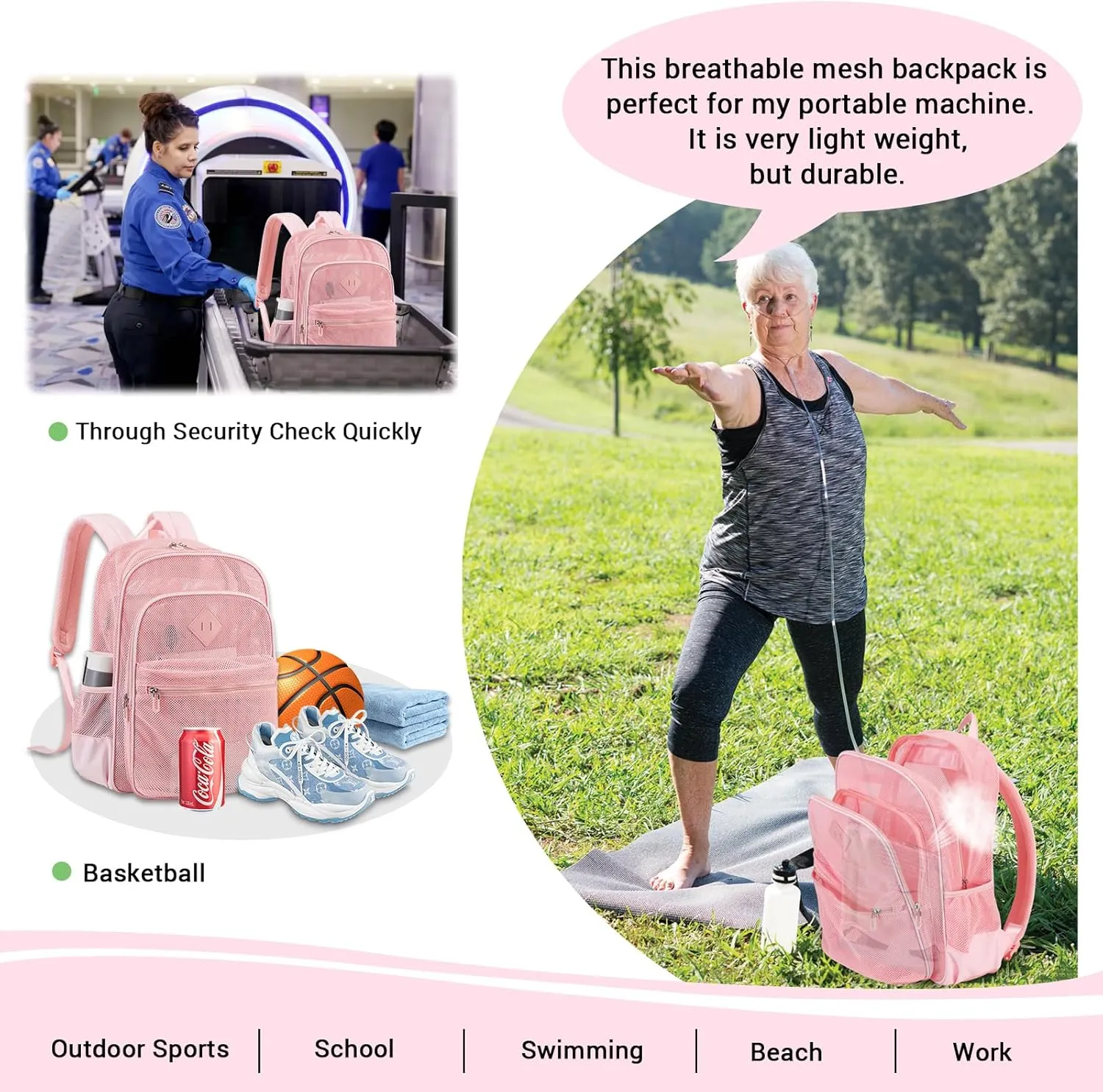 MOONBABY Mesh Backpack Heavy Duty, See Through School Backpack Transparent Bookbag for Swimming, Beach, Sports, Work, Travel