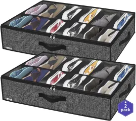 Onlyeasy Sturdy Under Bed Shoe Storage Organizer, Set of 2, Fit 12 to 24 Pairs, Underbed Shoes Closet Storage Solution with Clear Window, Breathable, L29.3"x W23.6"x H5.9", Linen-like Black, MXAUBSB2P