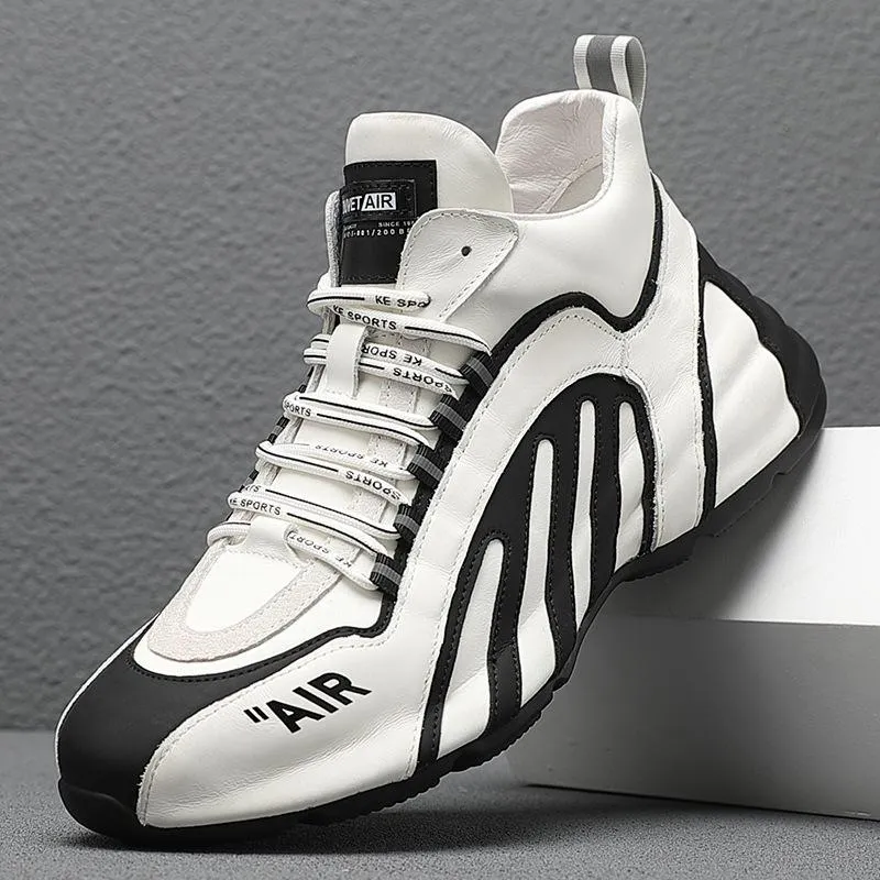 Striped Design High Top Men Shoes Casual Fashion Leather Waterproof Chunky Sneakers